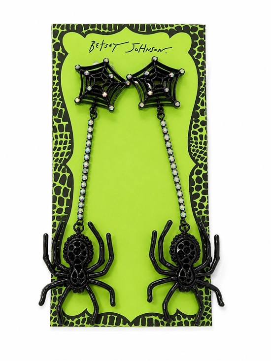 Jewelry - Betsey Johnson Spider Web Rhinestone Dangle Earrings Black Halloween NWT $68